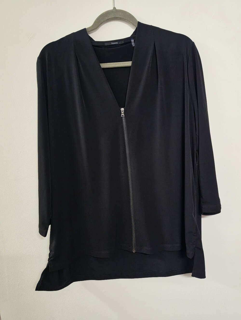 Tahari Black Zip-Front Draped Blouse